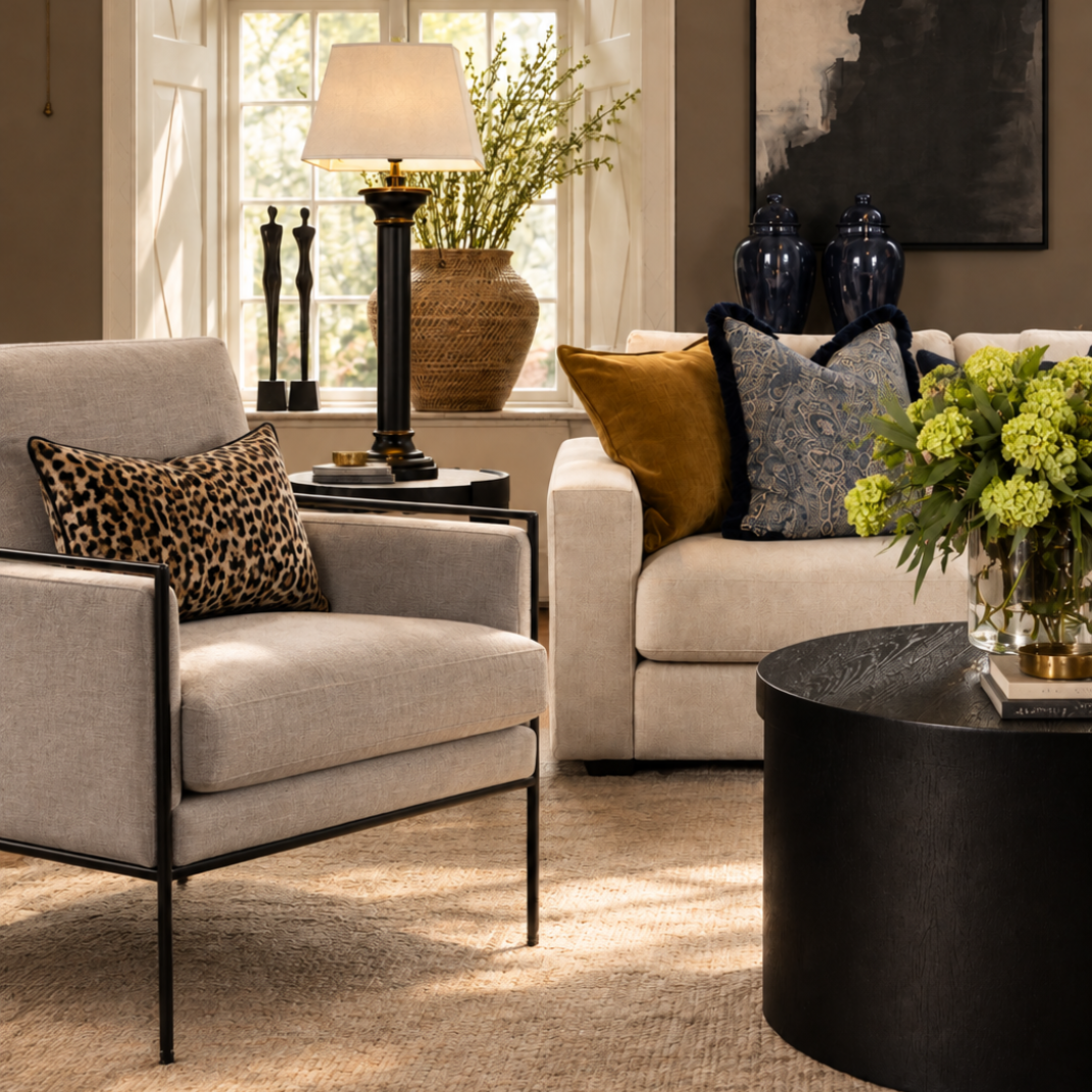 Sessel hell mit schwarzem Rahmen und Animal Print